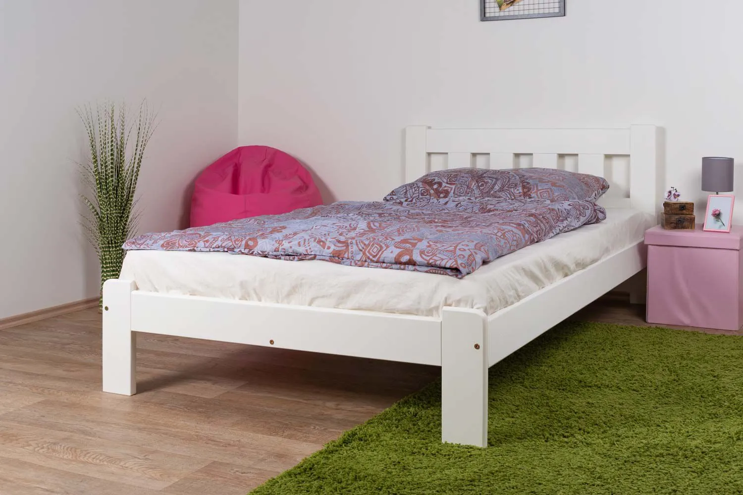 Kinderbett / Jugendbett Kiefer Vollholz massiv weiß lackiert A21, inkl. Lattenrost - Abmessung 140 x 200 cm