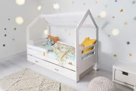 Kinderbett / Hausbett Kiefer Vollholz massiv weiß lackiert D3B, inkl. Lattenrost - Liegefläche: 80 x 160 cm (B x L)