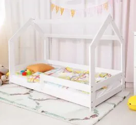 Kinderbett / Hausbett Kiefer Vollholz massiv weiß lackiert D5, inkl. Lattenrost - Liegefläche: 80 x 160 cm (B x L)