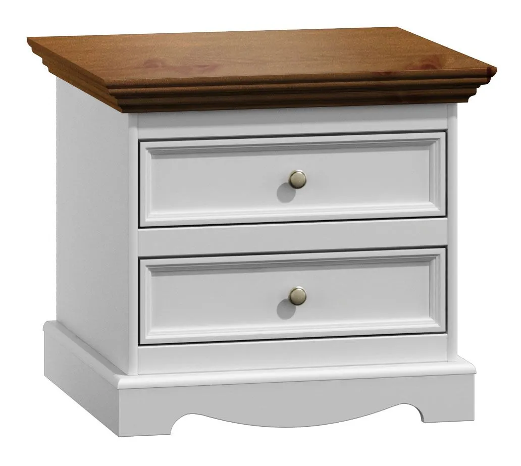 Nachtkommode Gyronde 13, Kiefer massiv Vollholz, Farbe: Weiß / Walnuss - 53 x 60 x 45 cm (H x B x T)