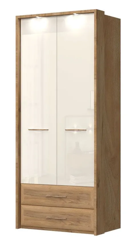 Drehtürenschrank / Kleiderschrank mit LED-Rahmen Gataivai 52, Farbe: Beige Hochglanz / Walnuss - Abmessungen: 224 x 92 x 56 cm (H x B x T)