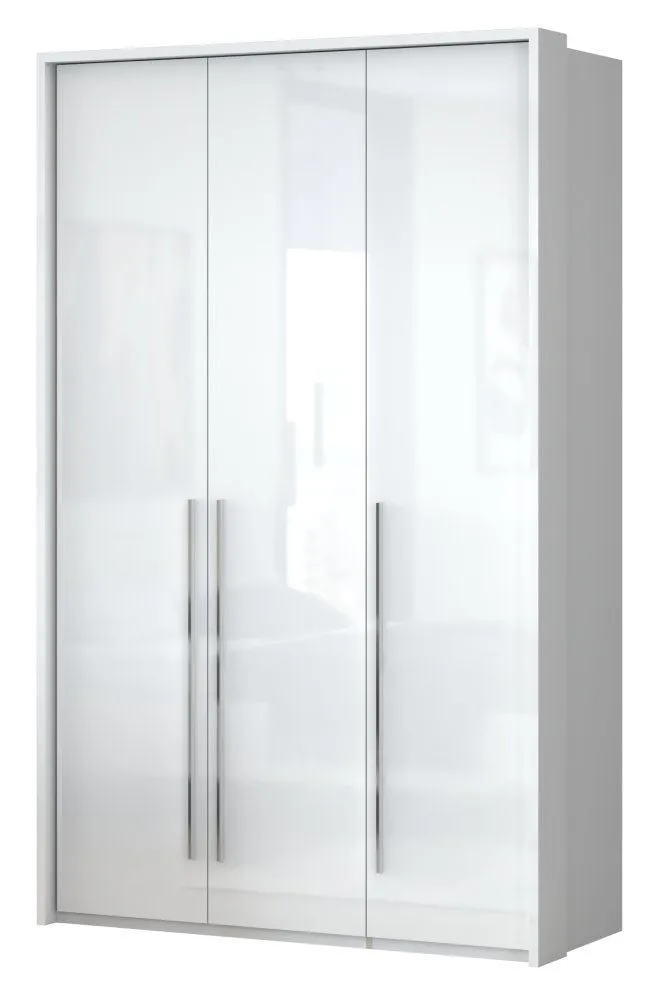 Drehtürenschrank / Kleiderschrank mit LED-Rahmen Siumu 22, Farbe: Weiß / Weiß Hochglanz - 226 x 142 x 60 cm (H x B x T)
