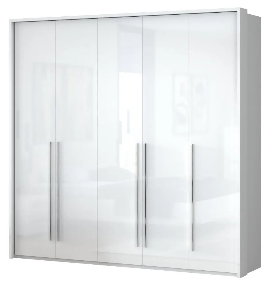 Drehtürenschrank / Kleiderschrank mit LED-Rahmen Siumu 24, Farbe: Weiß / Weiß Hochglanz - 226 x 232 x 60 cm (H x B x T)
