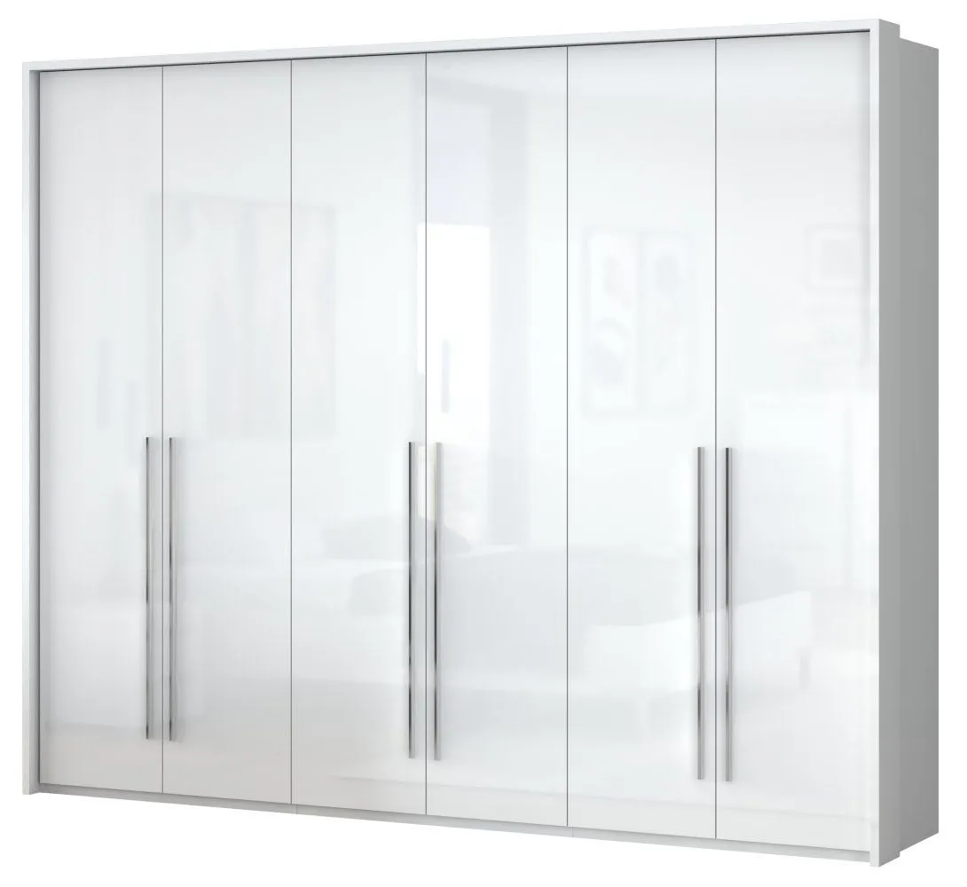 Drehtürenschrank / Kleiderschrank mit LED-Rahmen Siumu 25, Farbe: Weiß / Weiß Hochglanz - 226 x 277 x 60 cm (H x B x T)