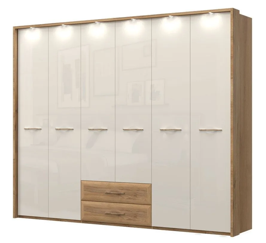 Drehtürenschrank / Kleiderschrank mit LED-Rahmen Gataivai 59, Farbe: Beige Hochglanz / Walnuss - Abmessungen: 224 x 272 x 56 cm (H x B x T)