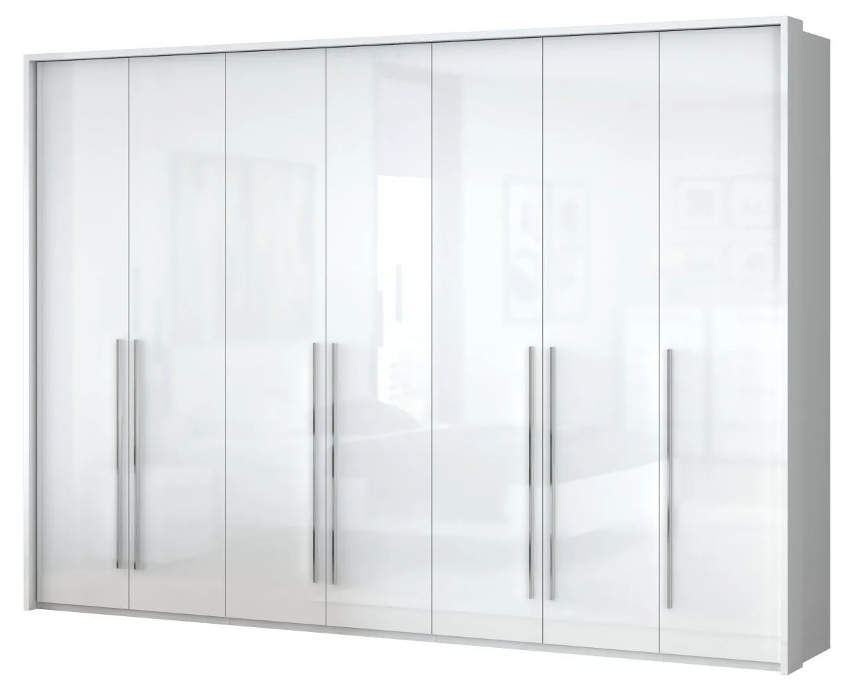 Drehtürenschrank / Kleiderschrank mit LED-Rahmen Siumu 26, Farbe: Weiß / Weiß Hochglanz - 226 x 322 x 60 cm (H x B x T)