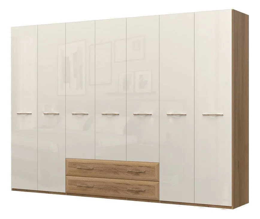 Drehtürenschrank / Kleiderschrank Gataivai 42, Farbe: Beige Hochglanz / Walnuss - Abmessungen: 224 x 272 x 56 cm (H x B x T)