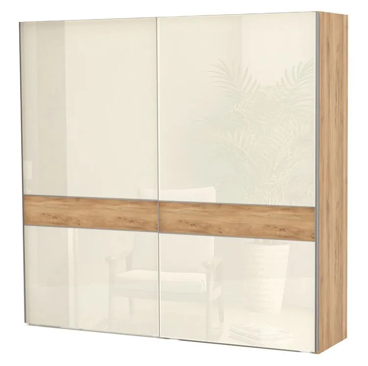 Schiebetürenschrank / Kleiderschrank Gataivai 05, Farbe: Beige Hochglanz / Walnuss - 224 x 230 x 65 cm (H x B x T)