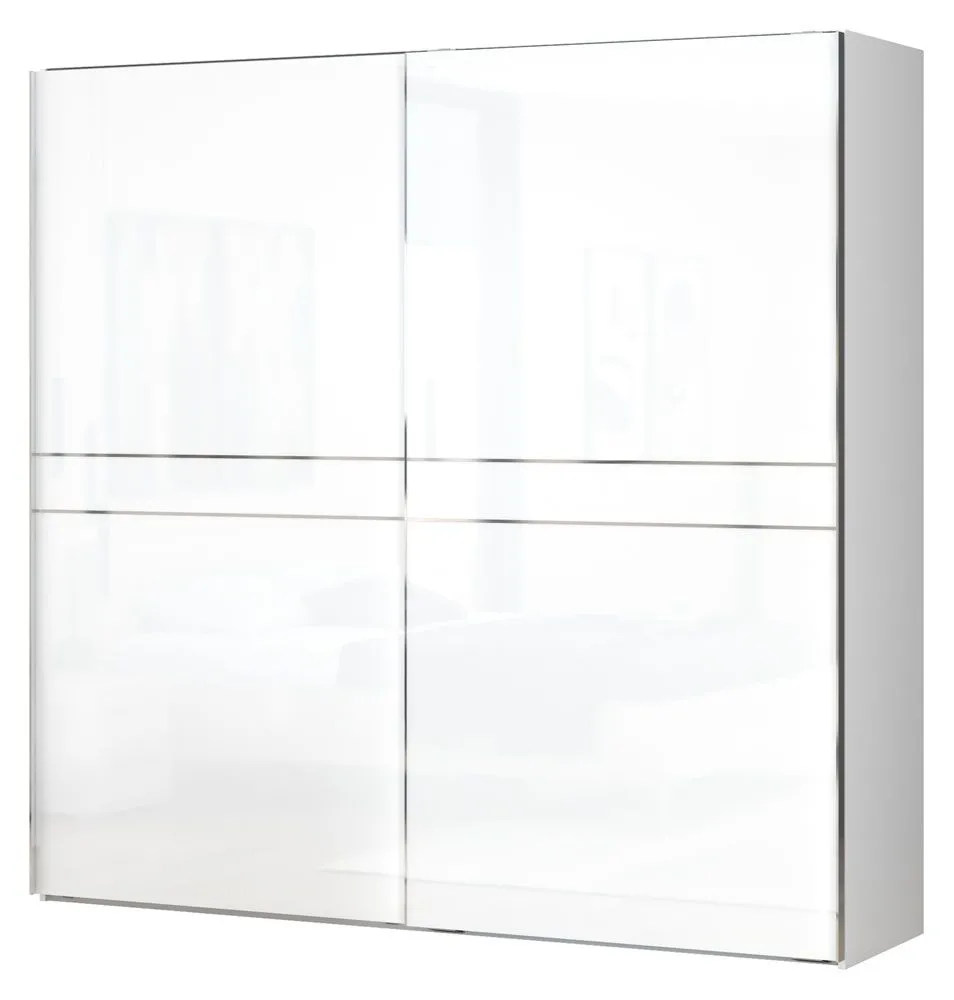 Schwebetürenschrank / Kleiderschrank Siumu 07, Farbe: Weiß / Weiß Hochglanz - 224 x 230 x 61 cm (H x B x T)