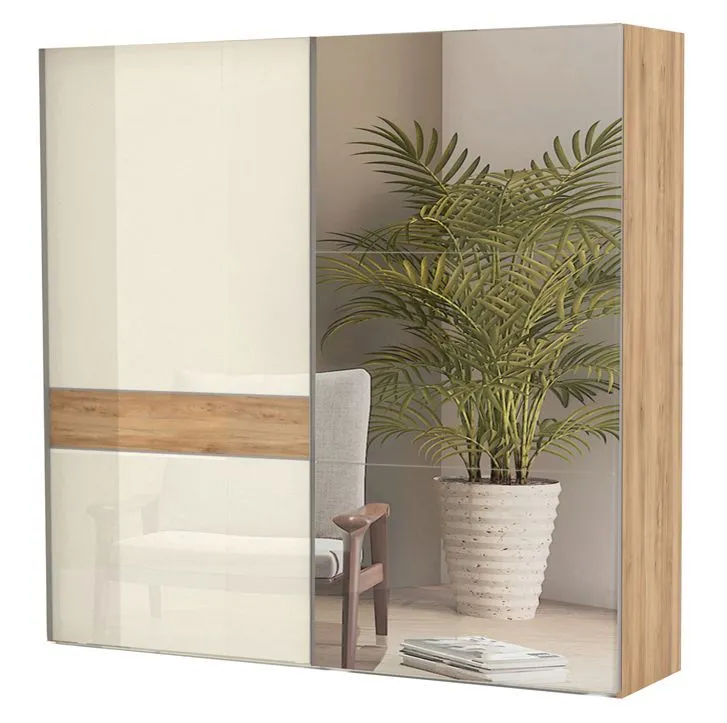 Schiebetürenschrank / Kleiderschrank Gataivai 06, Farbe: Beige Hochglanz / Walnuss - 224 x 230 x 65 cm (H x B x T)