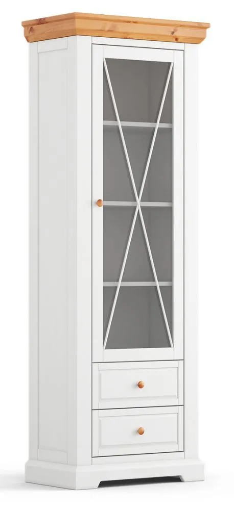 Vitrine Bresle 01, Kiefer massiv, Farbe: Weiß / Natur - Abmessungen: 200 x 70 x 41 cm (H x B x T)