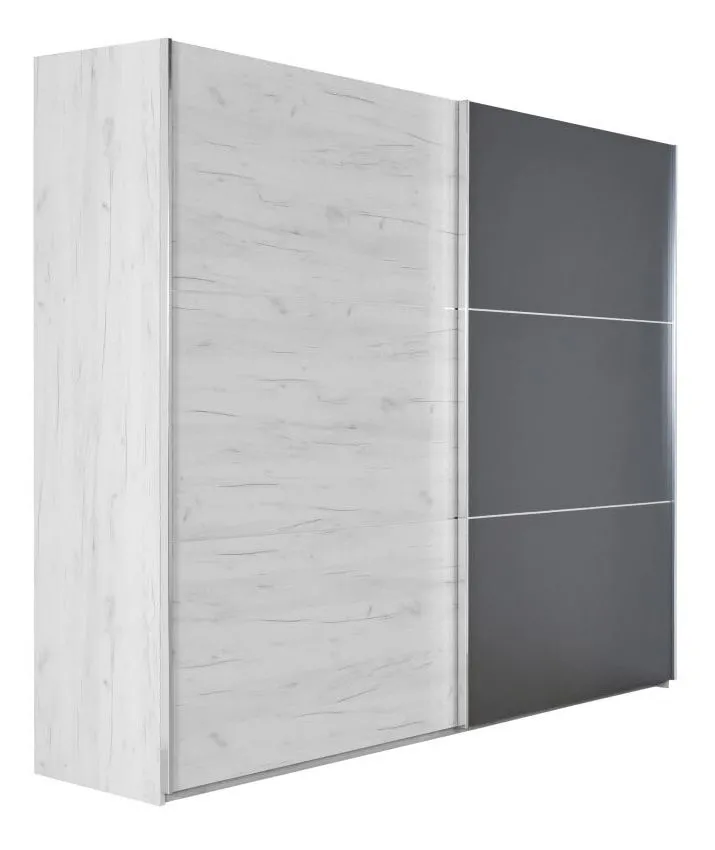 Schiebetürenschrank / Kleiderschrank Sabadell 23, Farbe: Eiche weiß / Anthrazit- Abmessungen: 222 x 269 x 64 cm (H x B x T)