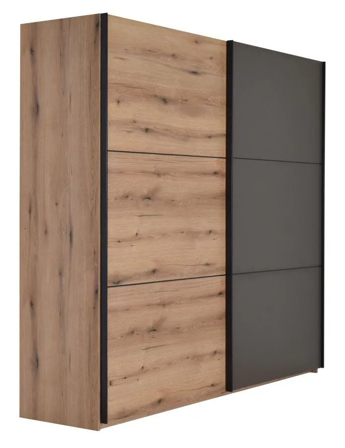 Schiebetürenschrank / Kleiderschrank Sabadell 25, Farbe: Eiche / Grau - Abmessungen: 222 x 229 x 64 cm (H x B x T)