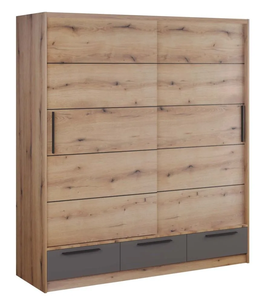 Schiebetürenschrank / Kleiderschrank Sidonia 08, Farbe: Eiche Artisan / Grau - Abmessungen: 220 x 149 x 62 cm (H x B x T)