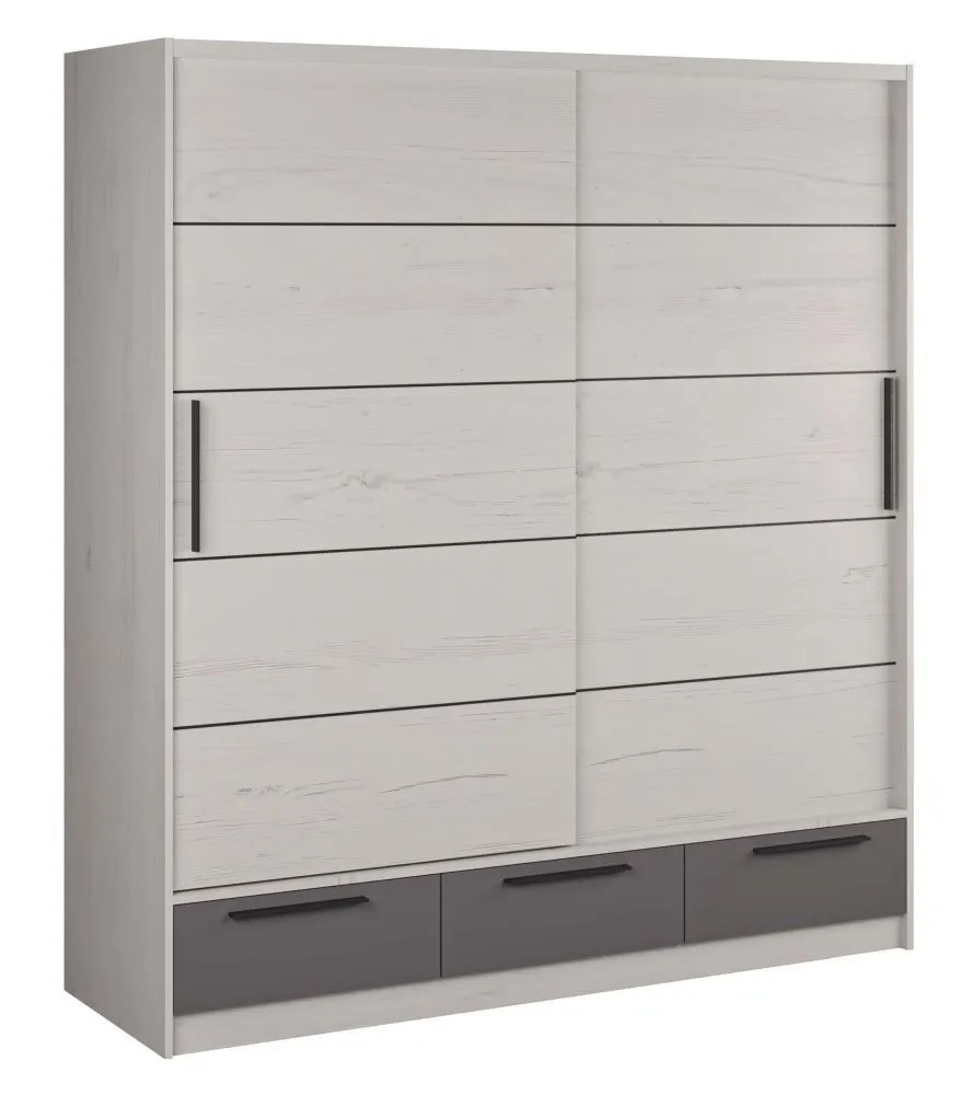 Schiebetürenschrank / Kleiderschrank Sidonia 09, Farbe: Eiche weiß / Anthrazit - Abmessungen: 220 x 200 x 62 cm (H x B x T)
