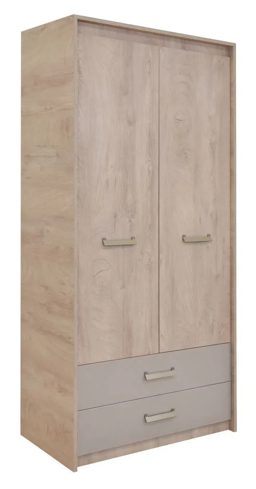 Kinderzimmer - Drehtürenschrank / Kleiderschrank Koa 02, Farbe: Eiche / Beige - Abmessungen: 203 x 96 x 52 cm (H x B x T)