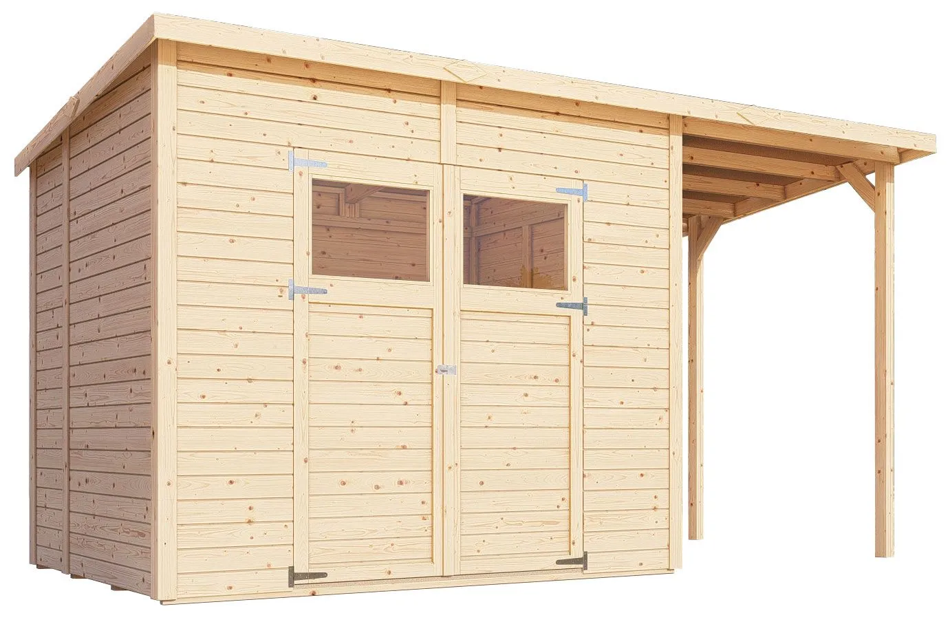 Gartenhaus Dresden 03 mit Anbaudach inkl. Fußboden, Naturbelassen - 14 mm Elementgartenhaus, Nutzfläche: 4,20 m², Pultdach