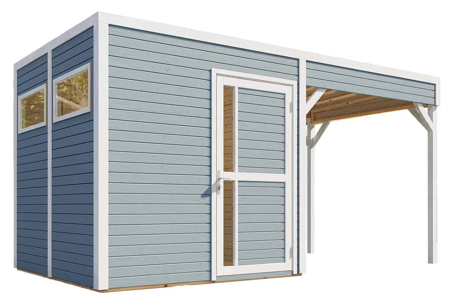 Gartenhaus Basel 02 mit Anbaudach inkl. Fußboden, Hellgrau lackiert - 19 mm Elementgartenhaus, Nutzfläche: 5,10 m², Flachdach