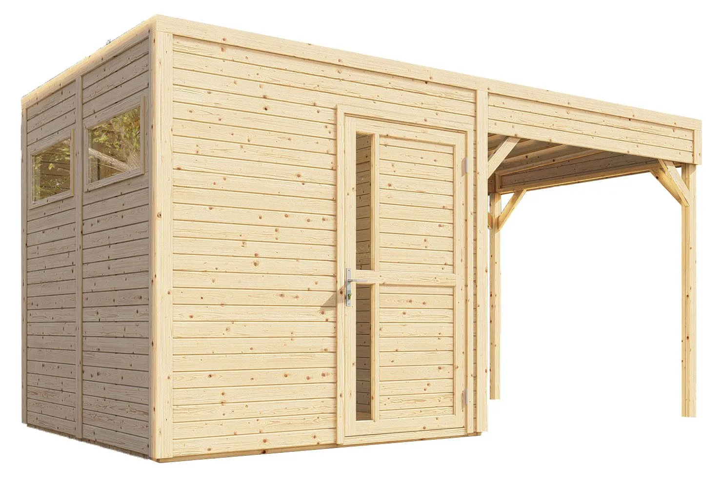 Gartenhaus Basel 02 mit Anbaudach inkl. Fußboden, Naturbelassen - 19 mm Elementgartenhaus, Nutzfläche: 5,10 m², Flachdach