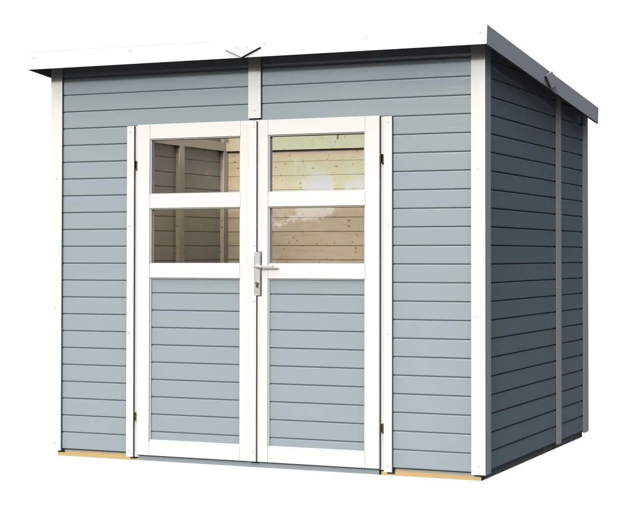Gerätehaus Freiberg 02 inkl. Fußboden, Hellgrau lackiert - 19 mm Elementgartenhaus, Nutzfläche: 4,31 m², Pultdach