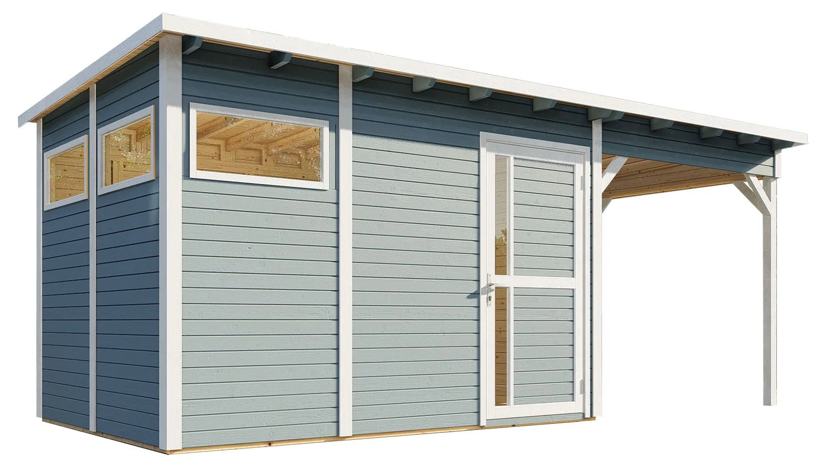 Gartenhaus Kiel 03 mit Anbaudach inkl. Fußboden, Hellgrau lackiert - 19 mm Elementgartenhaus, Nutzfläche: 7,70 m², Flachdach
