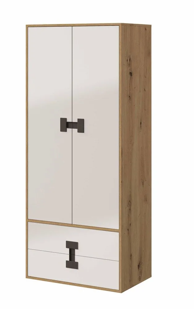 Jugendzimmer - Drehtürenschrank / Kleiderschrank Garian 01, Farbe: Eiche / Weiß / Grau - Abmessungen: 191 x 80 x 50 cm (H x B x T)