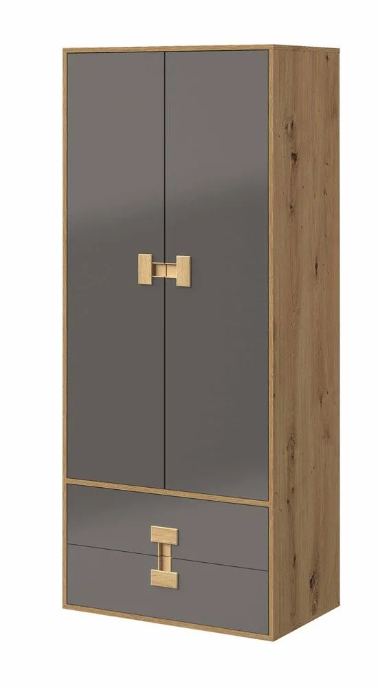 Jugendzimmer - Drehtürenschrank / Kleiderschrank Garian 01, Farbe: Eiche / Grau, Abmessungen: 191 x 80 x 50 cm (H x B x T)