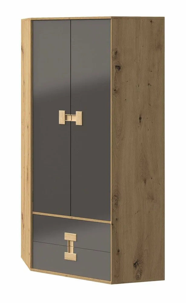 Jugendzimmer - Drehtürenschrank / Eckkleiderschrank Garian 02, Farbe: Eiche / Grau, Abmessungen: 191 x 88 x 88 cm (H x B x T)