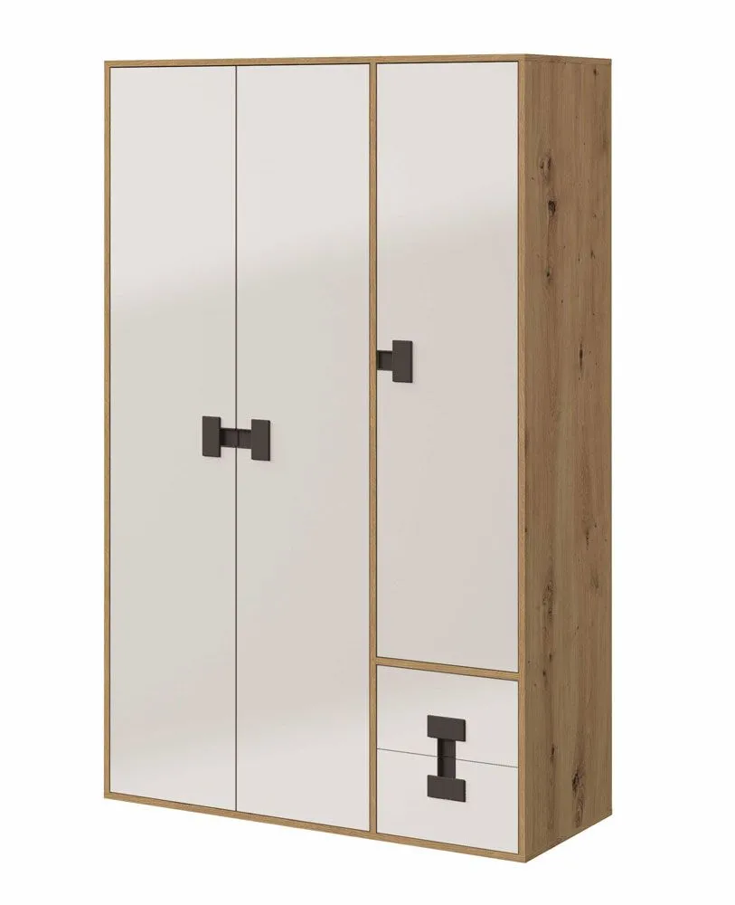 Jugendzimmer - Drehtürenschrank / Kleiderschrank Garian 04, Farbe: Eiche / Weiß / Grau - Abmessungen: 191 x 120 x 50 cm (H x B x T)