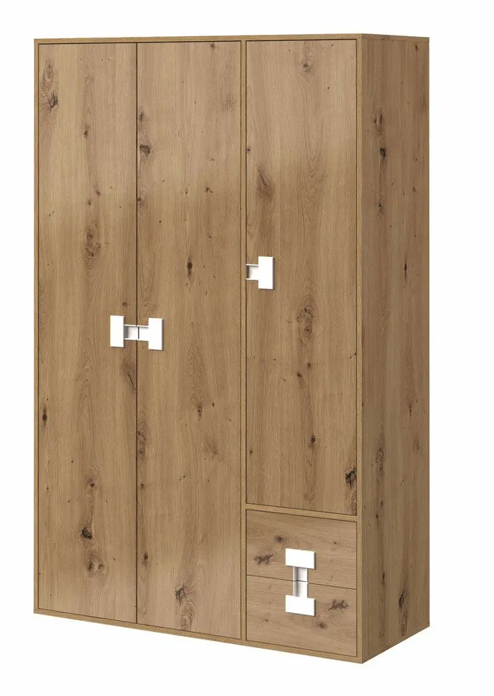 Jugendzimmer - Drehtürenschrank / Kleiderschrank Garian 04, Farbe: Eiche / Weiß - Abmessungen: 191 x 120 x 50 cm (H x B x T)