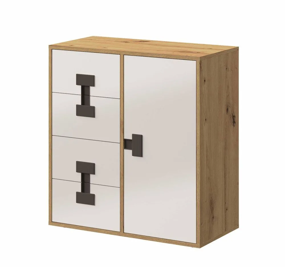 Jugendzimmer - Kommode Garian 07, Farbe: Eiche / Weiß / Grau, Abmessungen: 86 x 80 x 40 cm (H x B x T)