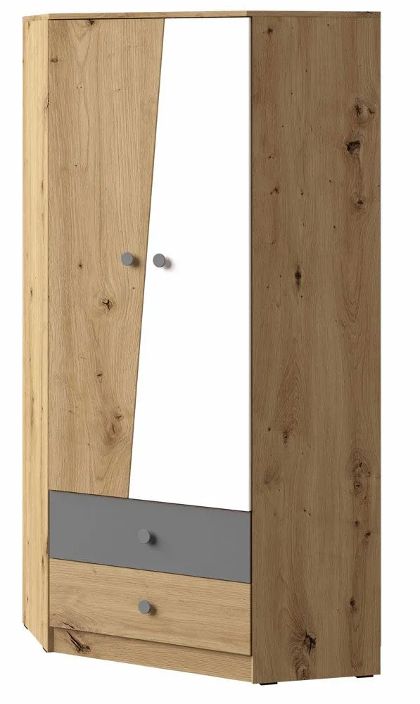 Drehtürenschrank / Eckkleiderschrank Sirte 02, Farbe: Eiche / Weiß / Grau matt - Abmessungen: 190 x 87 x 87 cm (H x B x T)