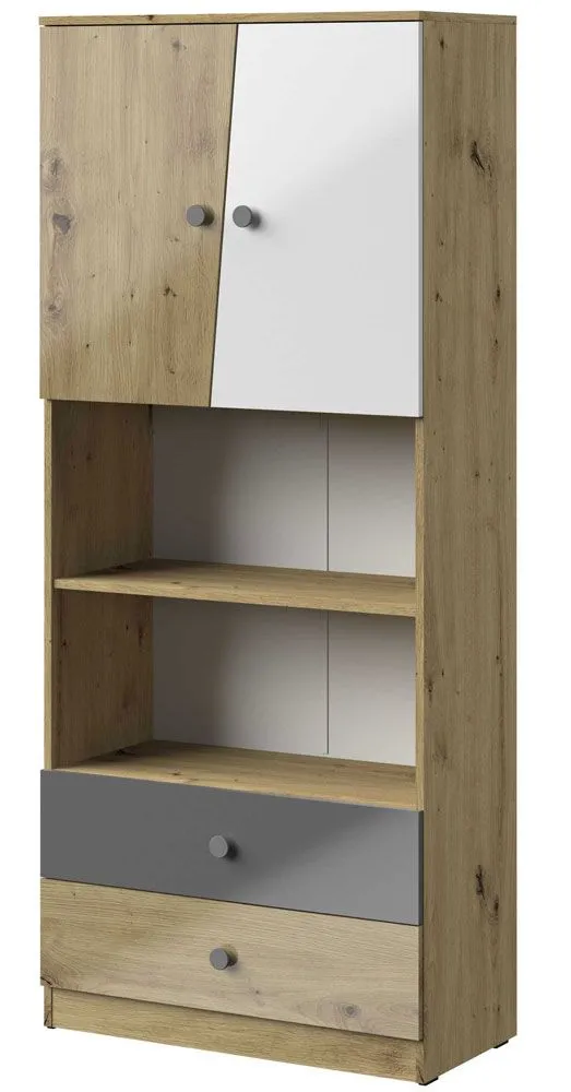 Schrank Sirte 04, Farbe: Eiche / Weiß / Grau Hochglanz - Abmessungen: 190 x 80 x 40 cm (H x B x T)
