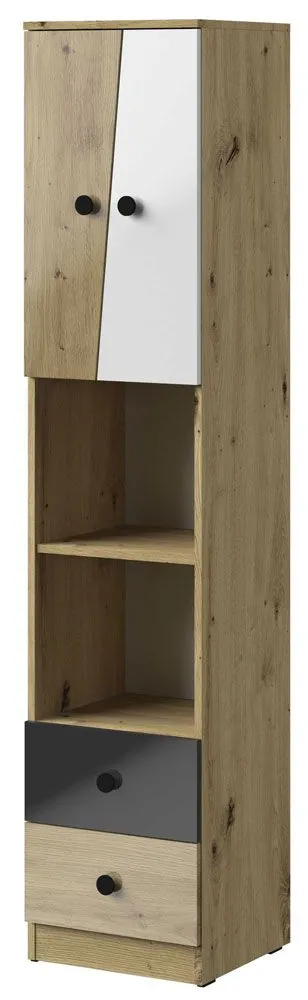 Schrank Sirte 05, Farbe: Eiche / Weiß / Schwarz Hochglanz - Abmessungen: 190 x 40 x 40 cm (H x B x T)