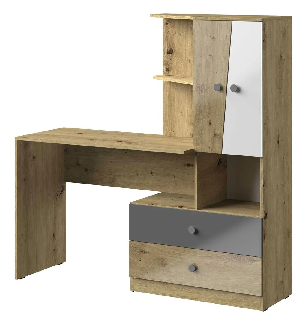 Schreibtisch mit Schrankanbau Sirte 11, Farbe: Eiche / Weiß / Grau Hochglanz - Abmessungen: 153 x 150 x 50 cm (H x B x T)