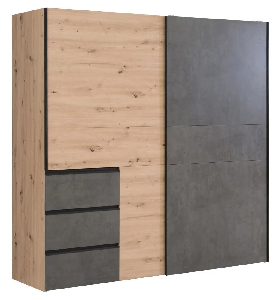 Schiebetürenschrank / Kleiderschrank Pibor 23, Farbe: Eiche / Dunkelgrau - Abmessungen: 201 x 200 x 61 cm (H x B x T)