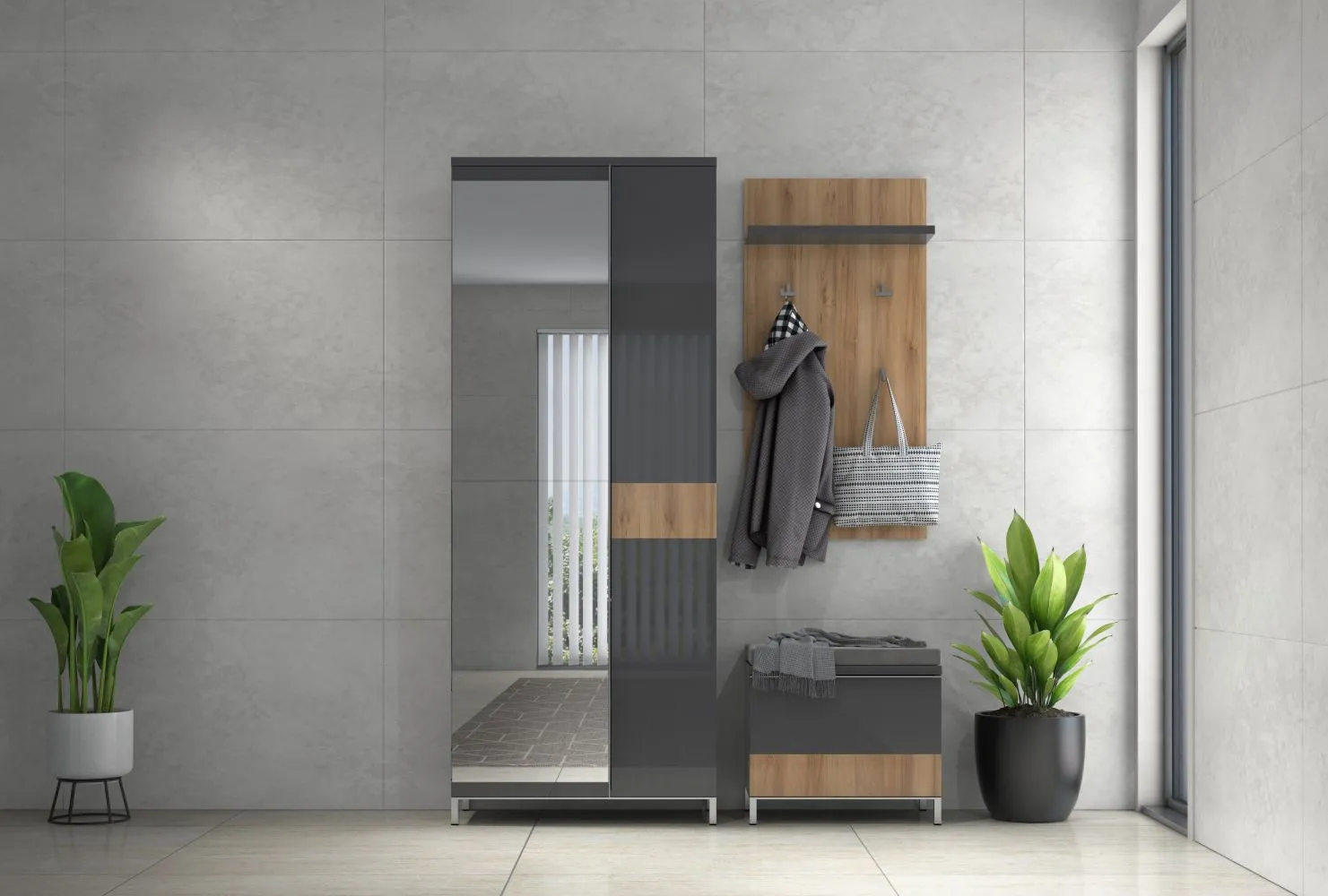 Garderoben Komplett - Set C Vaitele, 3-teilig, Farbe: Anthrazit Hochglanz / Walnuss