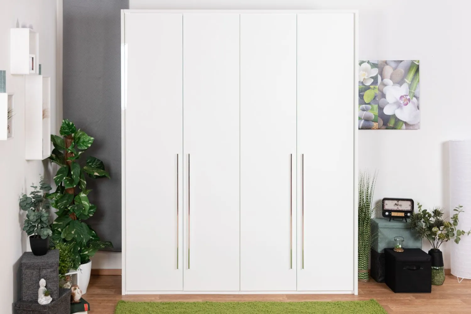 Drehtürenschrank / Kleiderschrank mit LED-Rahmen Siumu 23, Farbe: Weiß / Weiß Hochglanz - 226 x 187 x 60 cm (H x B x T)
