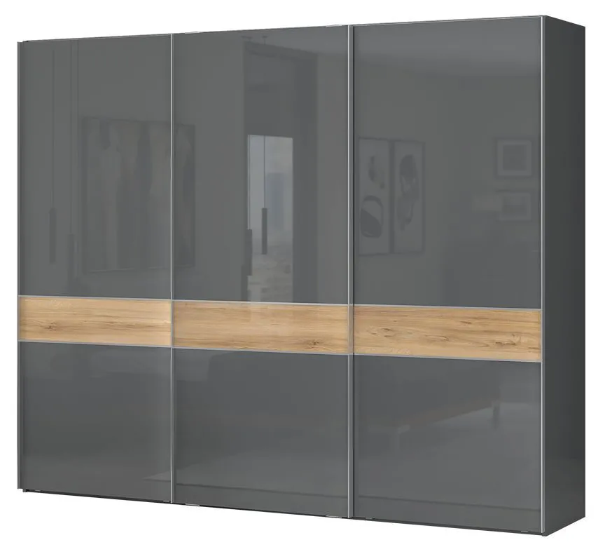 Schiebetürenschrank / Kleiderschrank Vaitele 10, Farbe: Anthrazit Hochglanz / Walnuss - 224 x 272 x 61 cm (H x B x T)