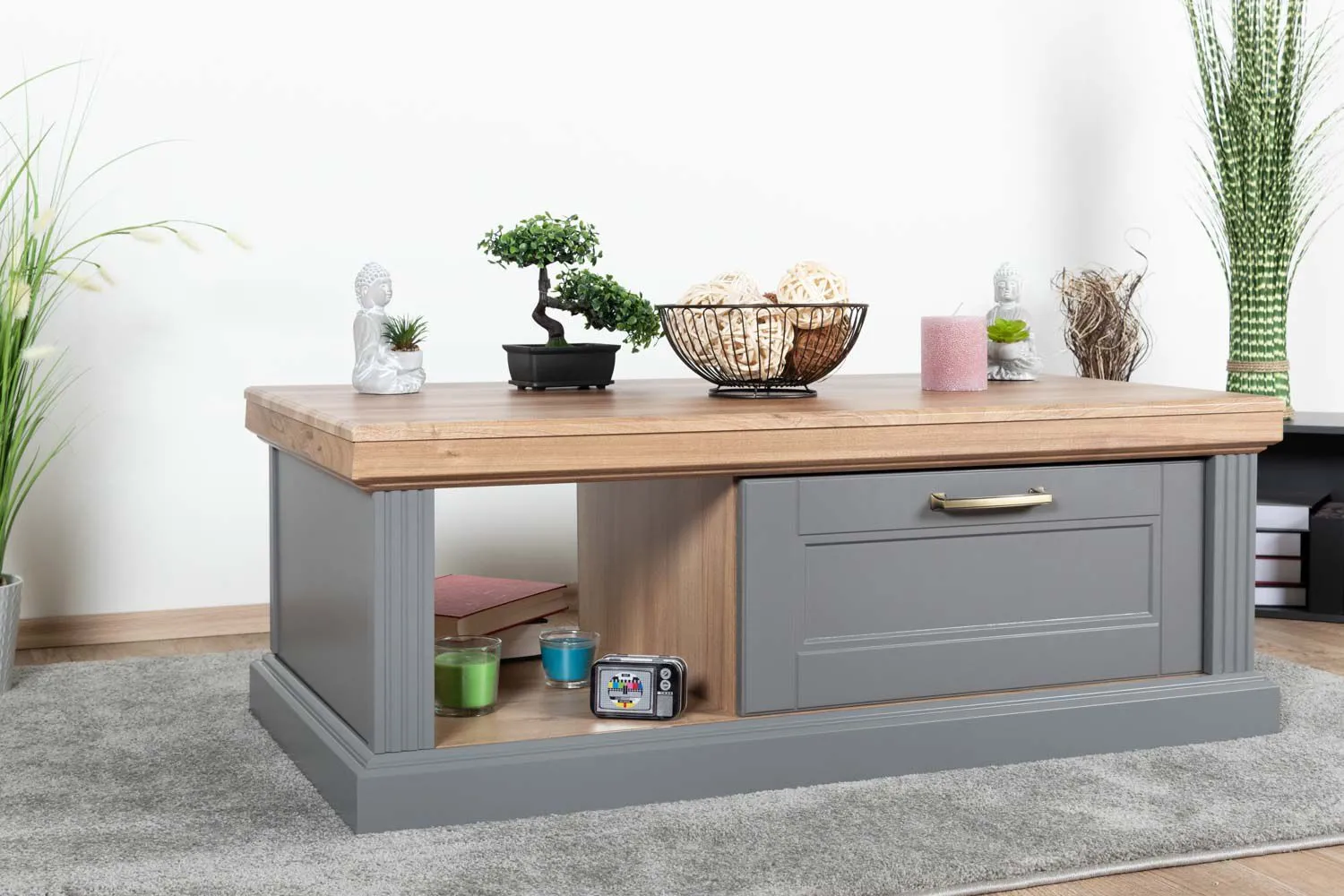 Couchtisch Lotofaga 14, Farbe: Grau / Walnuss - 110 x 61 x 40 cm (B x T x H)