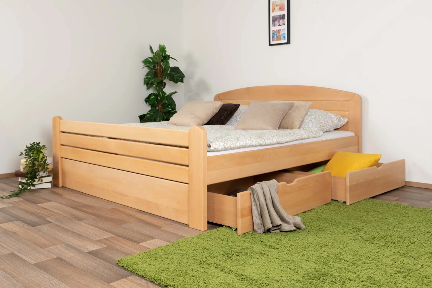 Doppelbett "Easy Premium Line" K7 inkl. 2 Schubladen und 1 Abdeckblende, 180 x 200 cm Buche Vollholz massiv Natur