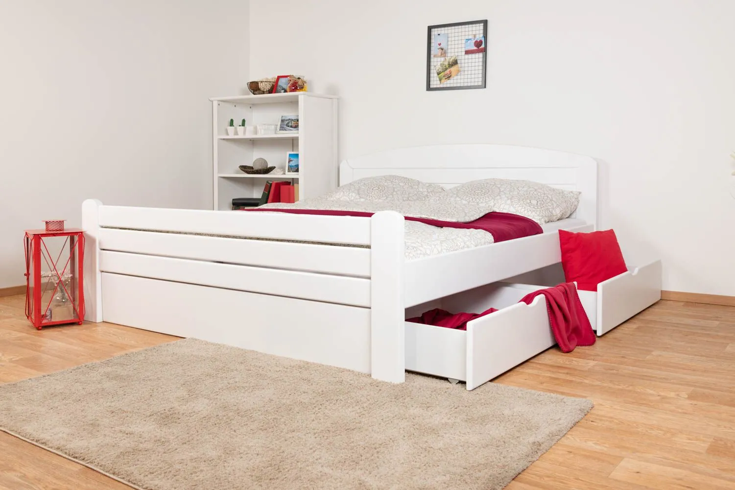 Doppelbett "Easy Premium Line" K7 inkl. 2 Schubladen und 1 Abdeckblende, 180 x 200 cm Buche Vollholz massiv weiß lackiert