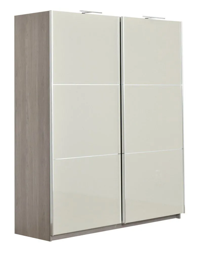 Schiebetürenschrank / Kleiderschrank Sabadell 09, Farbe: Eiche / Beige Hochglanz - 222 x 179 x 64 cm (H x B x T)
