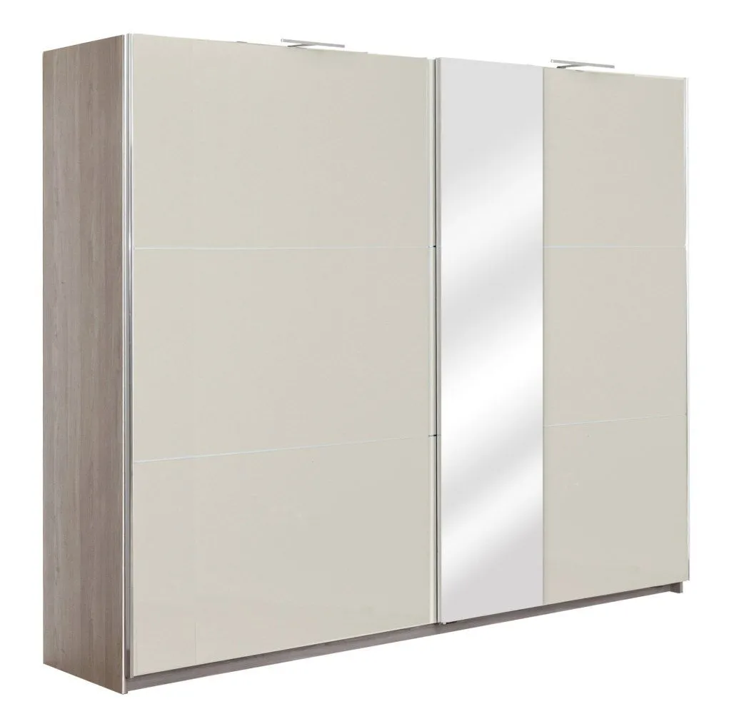 Schiebetürenschrank / Kleiderschrank Sabadell 14, Farbe: Eiche / Beige Hochglanz - 222 x 269 x 64 cm (H x B x T)