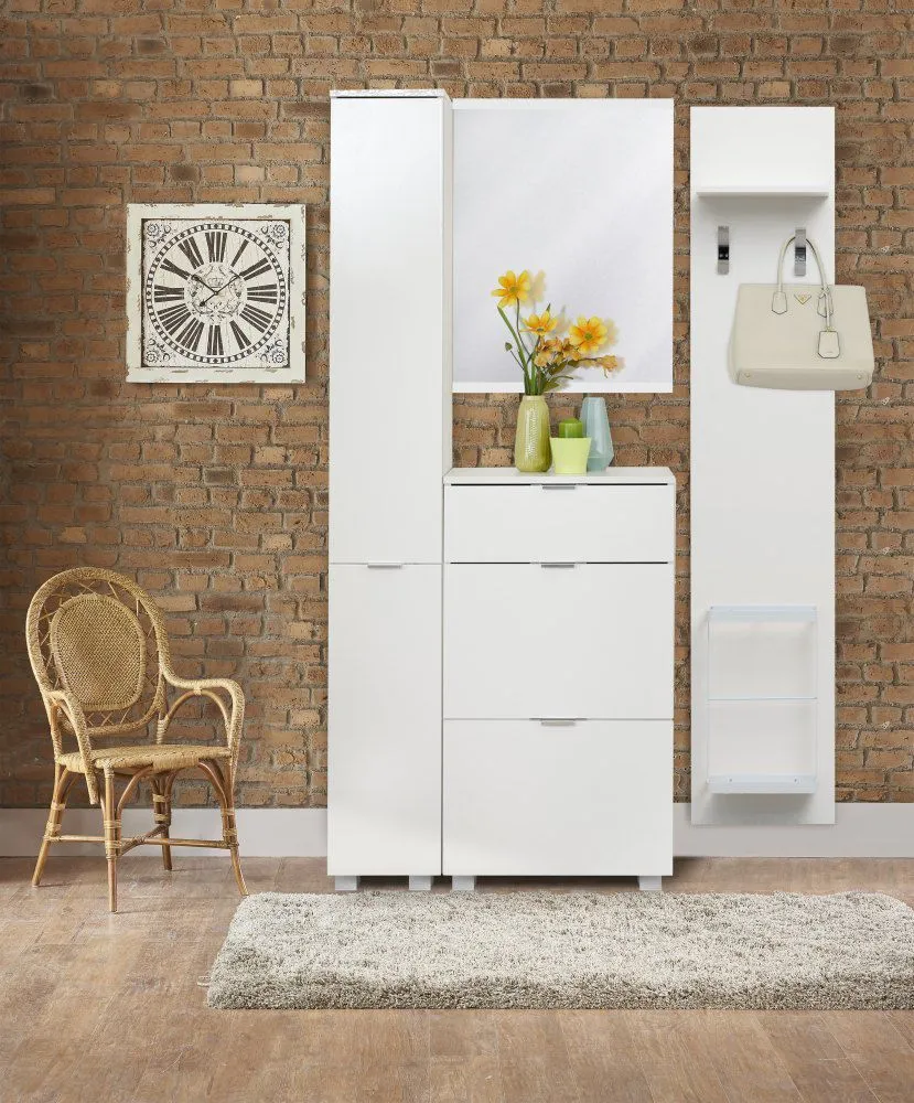 Garderoben Komplett - Set F Sabadell, 4-teilig, Farbe: Weiß / Weiß Hochglanz