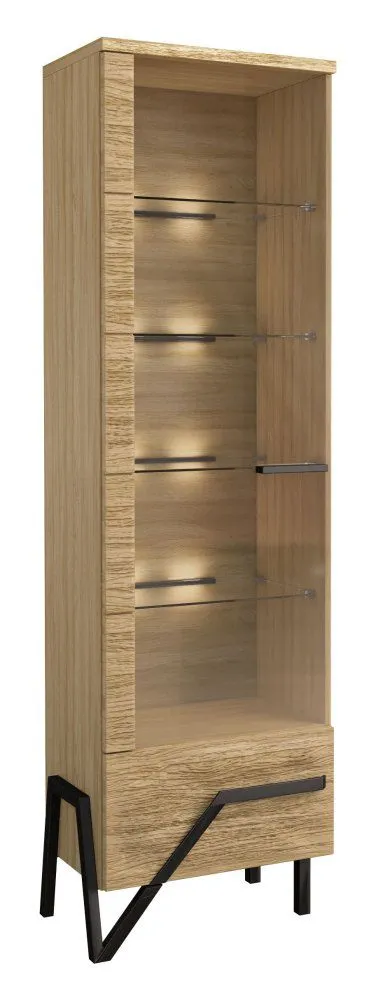 Vitrine Kastav 05, Farbe: Eiche / Schwarz, teilmassiv, Türanschlag Links - 201 x 62 x 40 cm (H x B x T)