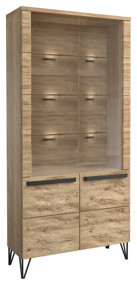 Vitrine Buzet 01, Farbe: Eiche / Schwarz, teilmassiv - Abmessungen: 201 x 94 x 40 cm (H x B x T)