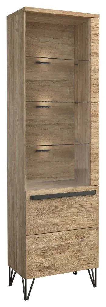 Vitrine Buzet 02, Farbe: Eiche / Schwarz, teilmassiv, Türanschlag Rechts - Abmessungen: 201 x 56 x 40 cm (H x B x T)