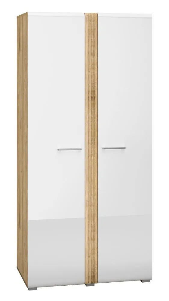 Kleiderschrank mit viel Stauraum Tullahoma 01, Farbe: Eiche / Weiß Glanz - Abmessungen: 196 x 92 x 60 cm (H x B x T), mit 2 Türen und 5 Fächern
