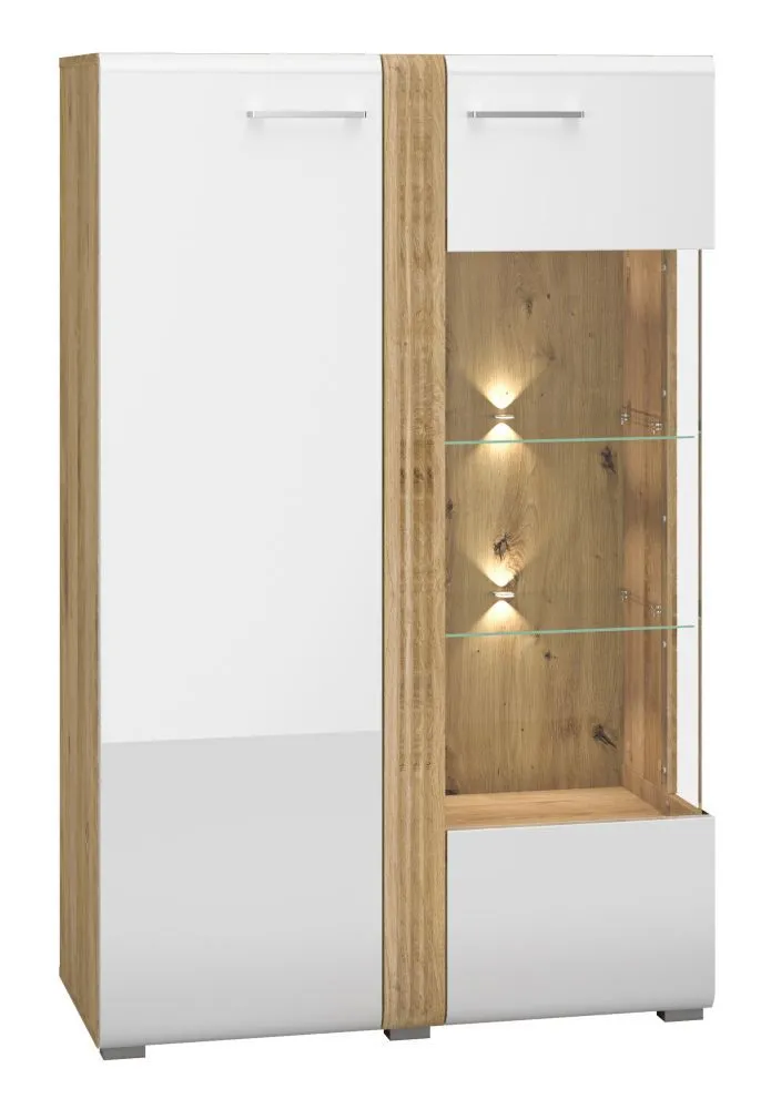 Vitrine Tullahoma 03, Glastür rechts, Farbe: Eiche / Weiß Glanz - Abmessungen: 143 x 92 x 42 cm (H x B x T), mit 1 Tür und 9 Fächern